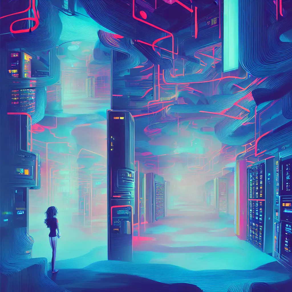 Prompt: illustration of a data-center architecture or schema, security agent, data stream or river, painting by Jules Julien, Leslie David and Lisa Frank and Peter Mohrbacher and Alena Aenami and Dave LaChapelle muted colors with minimalism