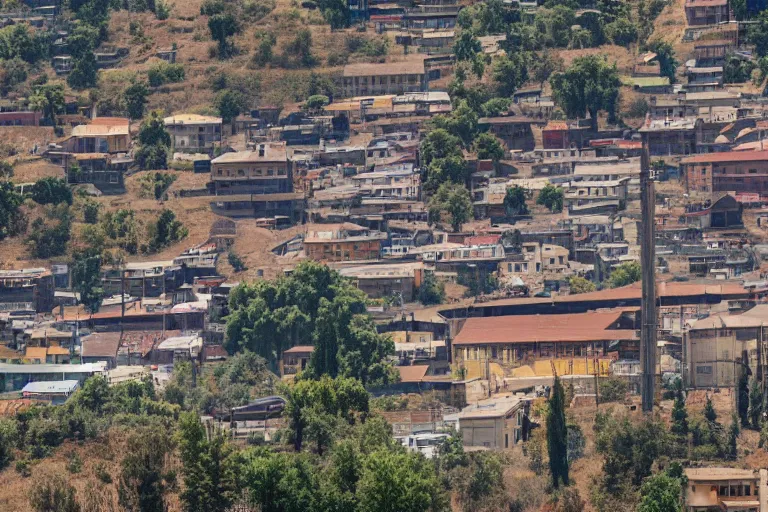 Image similar to looking down street, warehouses lining the street. hills background with trees and radio tower on top. telephoto lens compression.