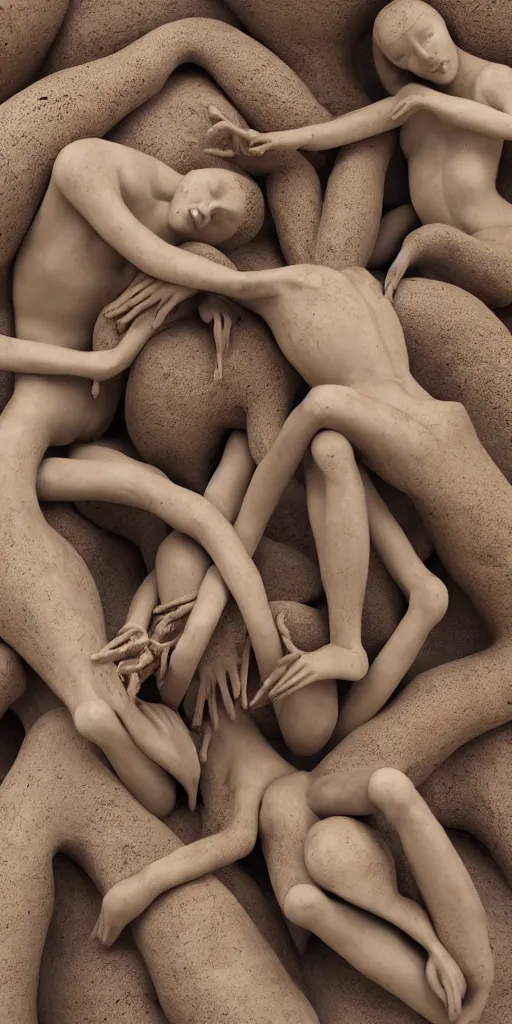 Image similar to closeup photograph of a surrealist sculpture human bodies intertwined, a lovely cornucopia of flowers and human body parts, body parts, made of stone, earth tone colors, muted color palette, skin tones, highly detailed, octane render, cinematic