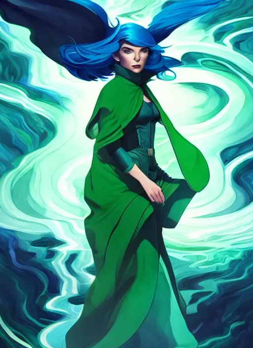 Prompt: style artgerm, joshua middleton, clint eastwood as a mage wearing green pelt robes, blue hair, swirling water cosmos, fantasy, dnd, cinematic lighting