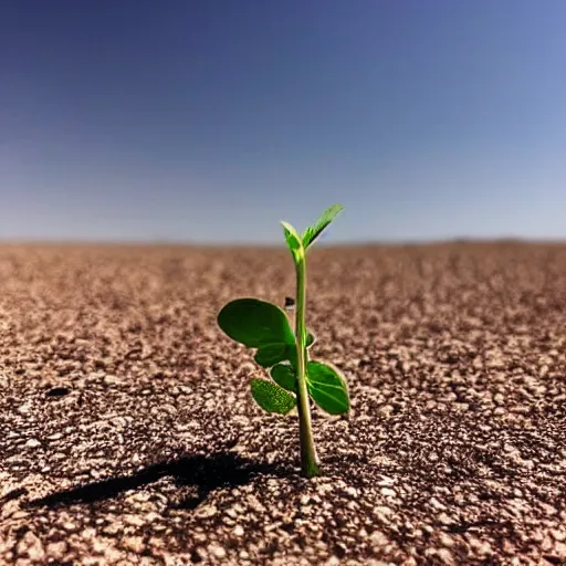 Image similar to a single sprout grows in a barren desert, low angle 8k HD nature photo