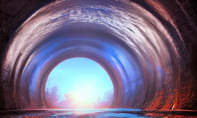 Image similar to beautiful photograph of a magical vertical cylindrical raindrop tunnel between a dried up river and the sun, highly-detailed, fantastic, dramatic lighting, artstation, 4k