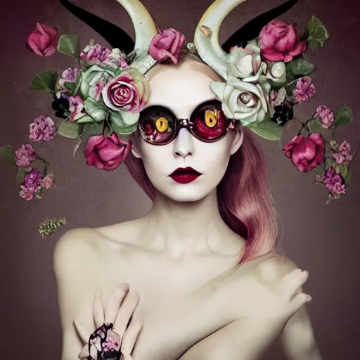 Prompt: of a woman, surreal Portrait inspired by Natalie Shau, flowers with horns, jewellery,round glasses,cinematic