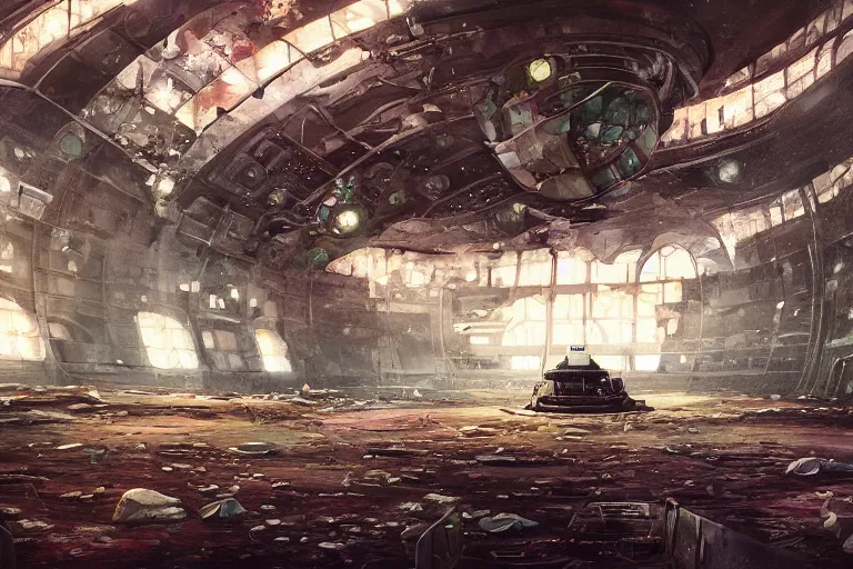 Image similar to A beautiful painting of inside in abandoned rusty space station from kindzadza, Trending on artstation.