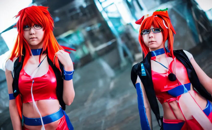 Prompt: A girl making cosplay of Asuka from Evangelion, cinematic photo, studio quality, 4k