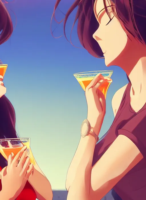 Image similar to two beautiful mothers drinking on a hot summer evening, summer clothes, gorgeous faces, thick lines, cinematic lighting, detailed anime art