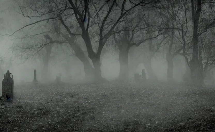 Image similar to a ghost walking though an old cemetary. haunted. night, rain, mist. hyper detailed. movie screencap