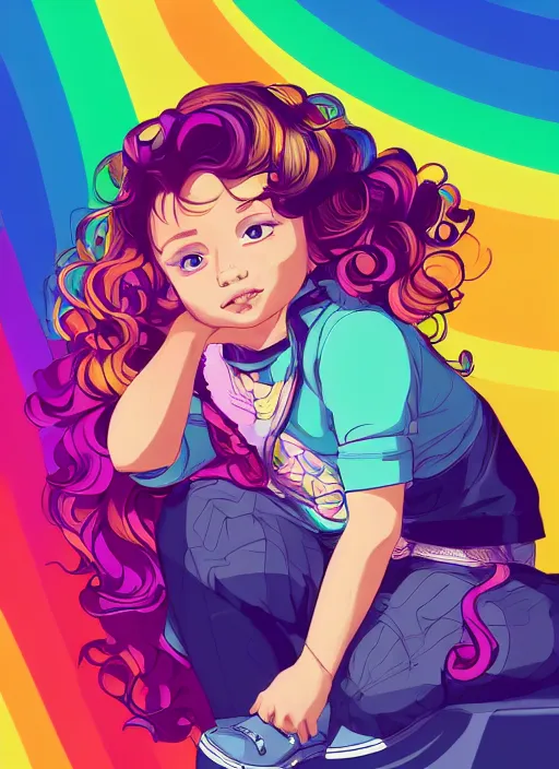 Image similar to a little girl with wavy curly rainbow hair sitting in an armchair. clean cel shaded vector art. shutterstock. behance hd by lois van baarle, artgerm, helen huang, by makoto shinkai and ilya kuvshinov, rossdraws, illustration, art by ilya kuvshinov