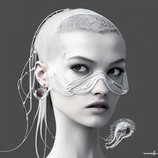 Image similar to closeup portrait of an absurdly beautiful, graceful, sophisticated, fashionable cyberpunk mechanoid gravure idol, an ultrafine hyperdetailed illustration by irakli nadar, matt wisniewski style, fashion photography, intricate linework, porcelain skin, jellyfish headdress, fractal ivory carved ruff, unreal engine 5 highly rendered, global illumination, radiant light, detailed and intricate environment