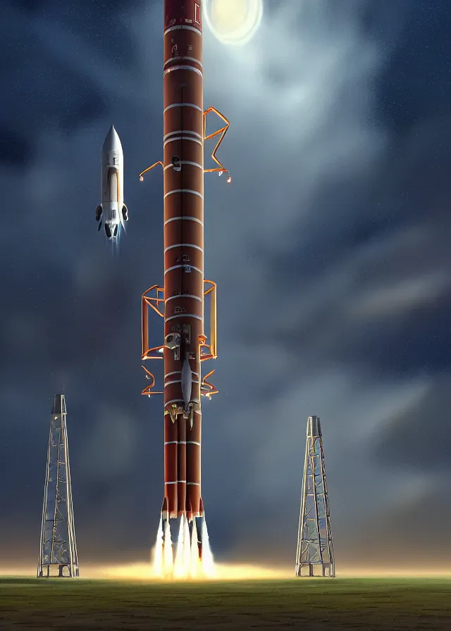 Image similar to epic professional digital art of complex heavy vertical rocket with side boosters, on launch pad, at takeoff, ambient light, painted,, cinematic, detailed, grand, leesha hannigan, wayne haag, reyna rochin, ignacio fernandez rios, mark ryden, van herpen, artstation, cgsociety, epic, stunning, gorgeous, wow wow detail