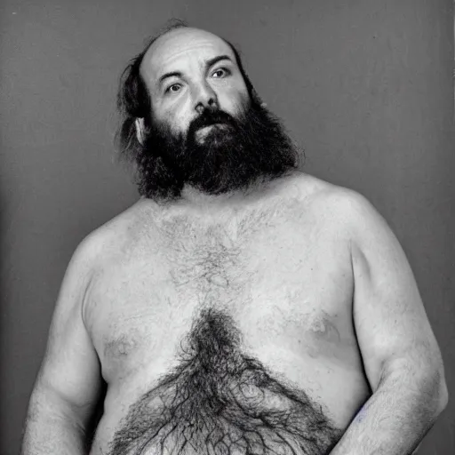 Image similar to photograph of a heavyset middle aged balding French man with a beard, a hairy chest and a pot belly wearing an apron