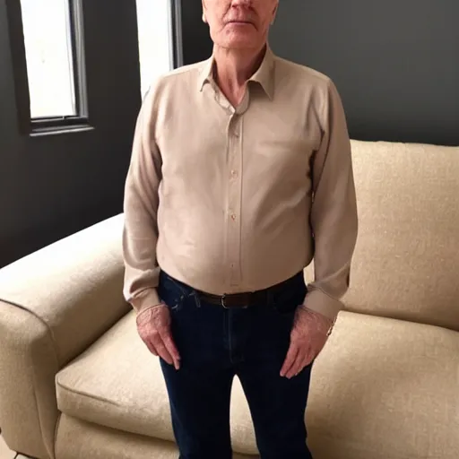 Prompt: full body photo of steve, mature male, mysterious face. he is sitting gracefully on a sofa, elegant slim beige shirt, tight shirt, big belly