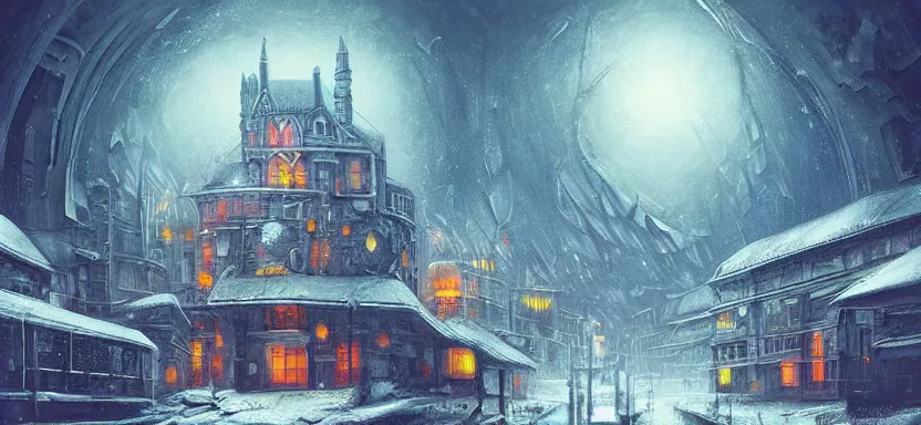 Image similar to beautiful masterpiece painting of a dystopian city trapped inside a snow globe, grunge cyberpunk, by Remedios Varo and Anato Finnstark and Greg Rutkowski, artgerm, 8k,