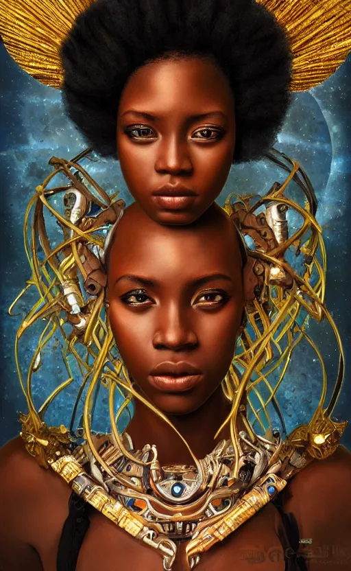 Prompt: young african cyborg queen, piercing glowing eyes, elegant, striking composition, highly detailed ornate sci fi background, highly detailed, beautiful composition, painting in the style of sandro botticelli, caravaggio, albrecth durer, 8k