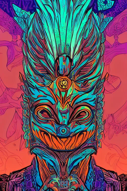 Image similar to animal mask totem roots flower tribal feather gemstone plant wood rock shaman vodoo video game vector cutout illustration vivid multicolor borderlands comics by josan gonzales and dan mumford radiating a glowing aura