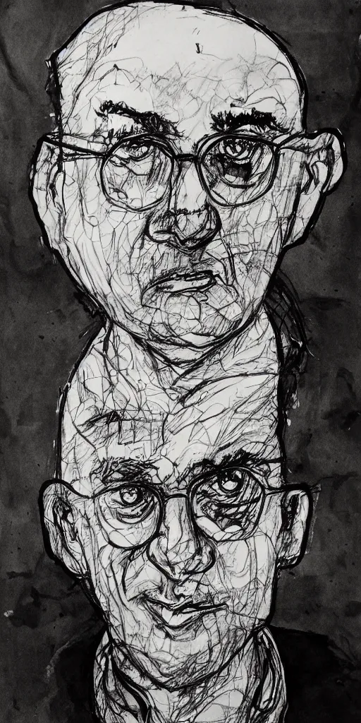 Image similar to a loose wild messy ink sketch portrait of a self portrait in the style of ralph steadman, caricature, dramatic