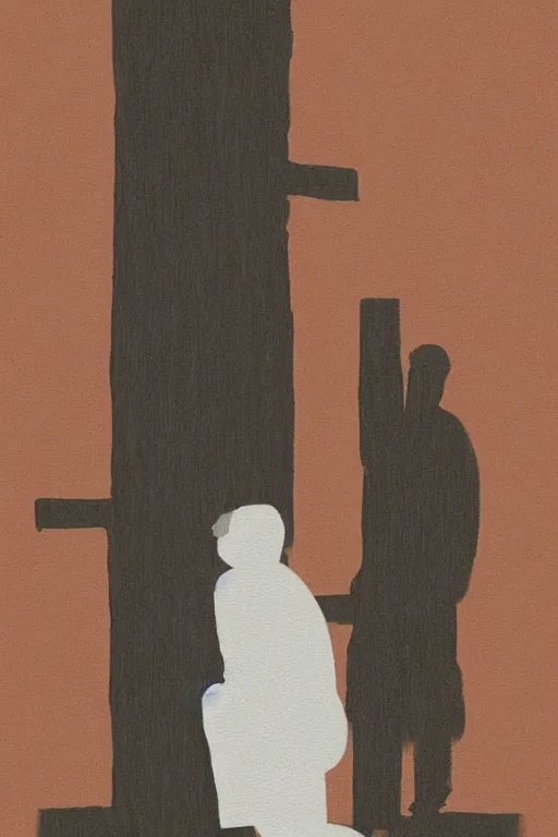 Image similar to man kneeling on the ground in front of a wooden cross, 1960’s minimalist advertising illustration, painterly, expressive brush strokes