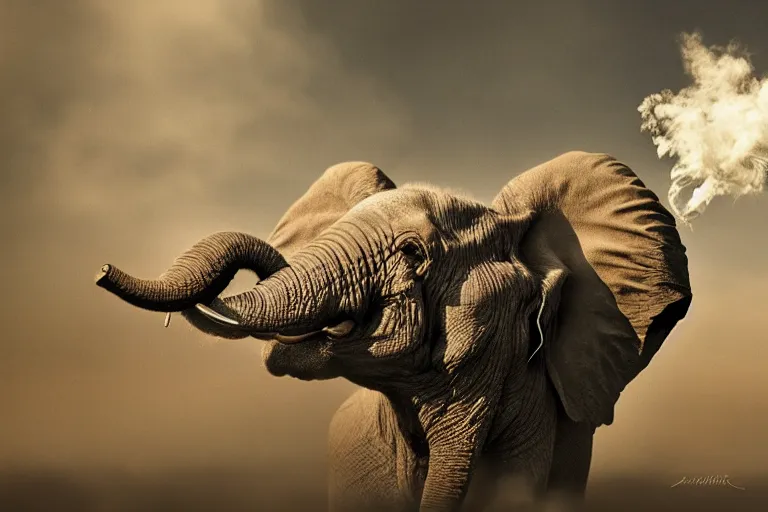 Image similar to ultra realistic nature photography, panoramic picture of ( subject : an elephant smoking a cigar ). smokey atmosphere, small thick clouds of cigar smoke, artstation, focus on the elephant's cigar, extremely hyperrealistic crisply sharp cigar, hyperrealistic smoke, sigma, 4 k