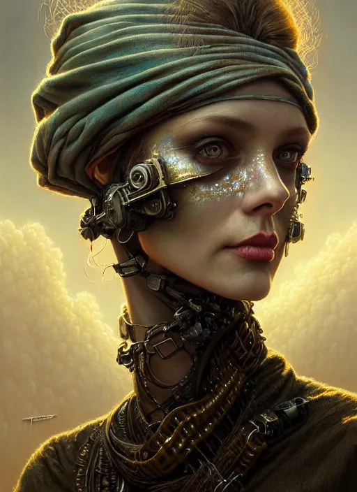 Image similar to closeup portrait shot of a glitched woman wearing a bandana in a scenic dystopian environment, intricate, elegant, highly detailed, centered, digital painting, artstation, concept art, smooth, sharp focus, illustration, artgerm, tomasz alen kopera, peter mohrbacher, donato giancola, joseph christian leyendecker, wlop, boris vallejo