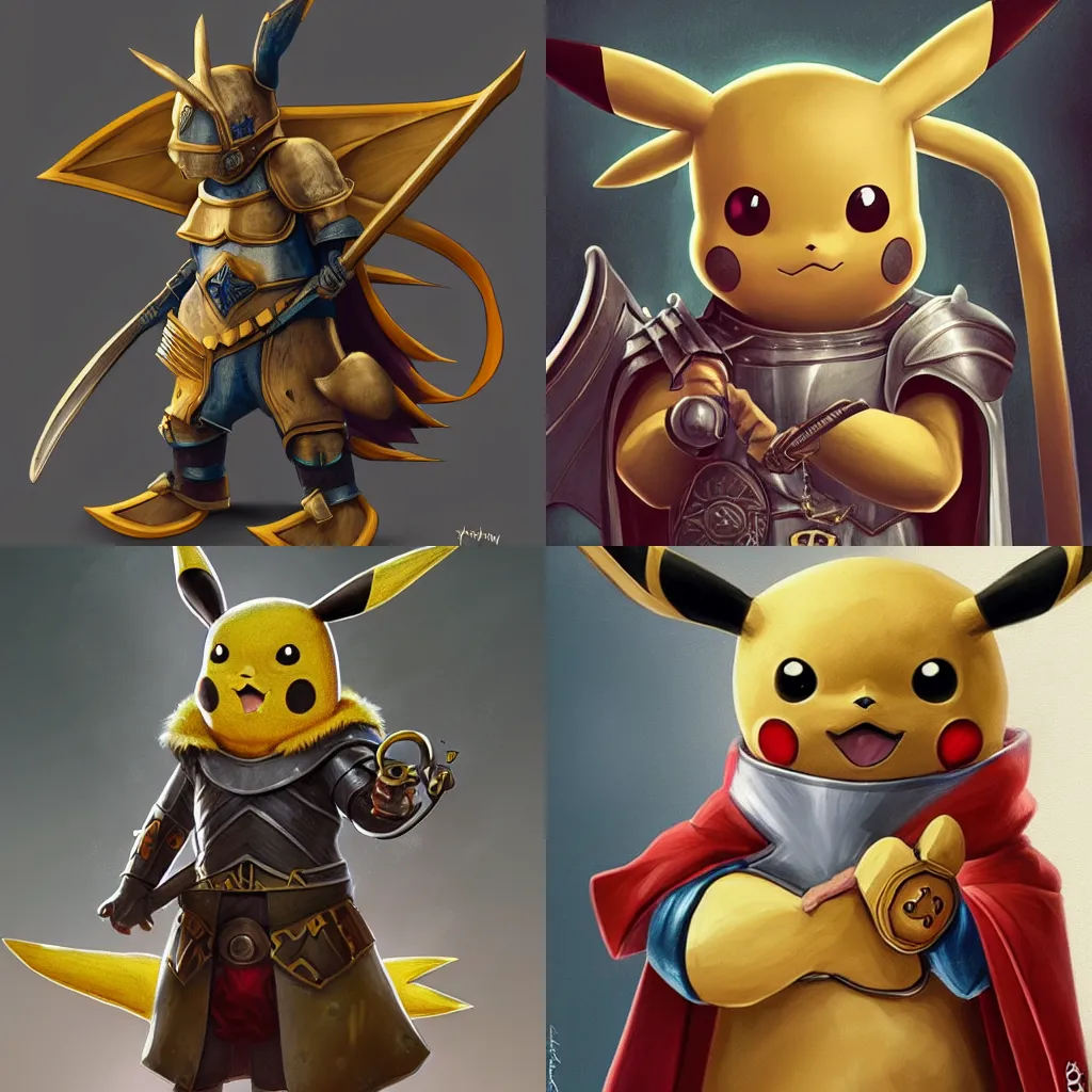 Prompt: Pikachu as a medieval knight, fantasy, intricate, highly detailed, digital painting, hyperrealistic, artstation, concept art, sharp focus, illustration