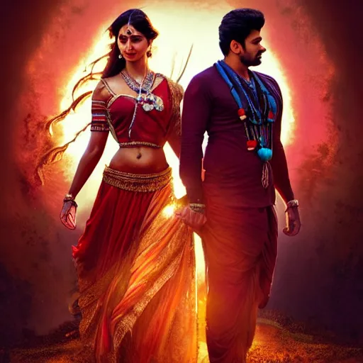 Prompt: perfectly centered bollywood movie promotional poster of anatomically correct hero and heroine romantic pose, faces symmetrical ; real life portrait, ultra realistic, high coherence, intricate, hdr, highly detailed, photorealistic, octane render, 8 k, unreal engine ; art by artgerm, greg rutkowski, charlie bowater, alphonse mucha