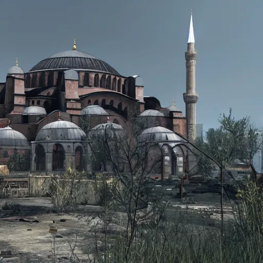 Image similar to the hagia sophia in istanbul in ruins post - nuclear war in fallout 4, in game screenshot