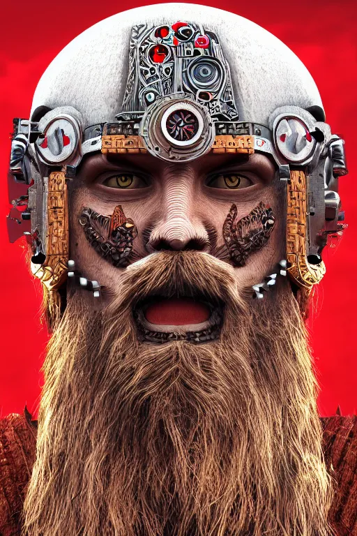 Image similar to robotic viking, handsome and strong, red beard, psychedelics, dmt, detailed intricate, 8 k, cinematic