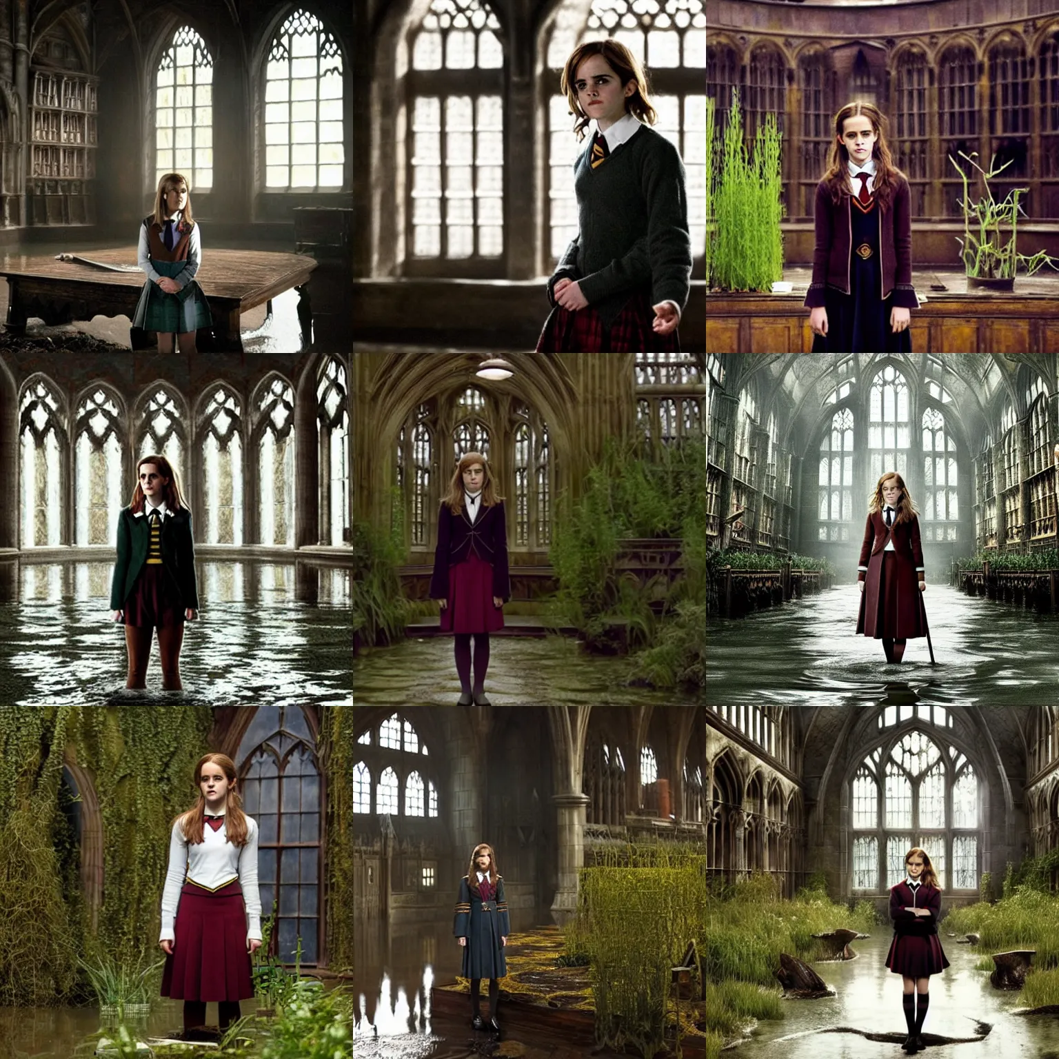 Prompt: emma watson as hermione granger, wearing school uniform, alone, in an empty dark flooded hogwarts gryffindor common room, overgrown with aquatic plants