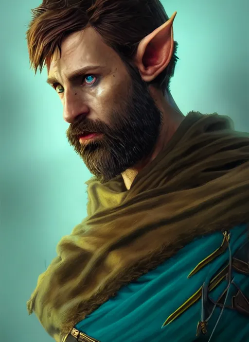 Prompt: A striking epic hyper real comic book style portait painting of an arrogant half-elf ranger, teal tunic, teal headband, shaggy brown hair, scruffy beard, scar on face, D&D Concept Art, unreal 5, DAZ, Apex legends concept art, hyperrealistic, octane render, cosplay, RPG portrait, dynamic lighting