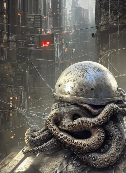 Image similar to hyperrealism, detailed textures, photorealistic 3 d cyberpunk octopus in apocalyptic city, futuristic clothing and helmet, ultra realistic, cinematic, intricate, cinematic light, unreal engine 8 k