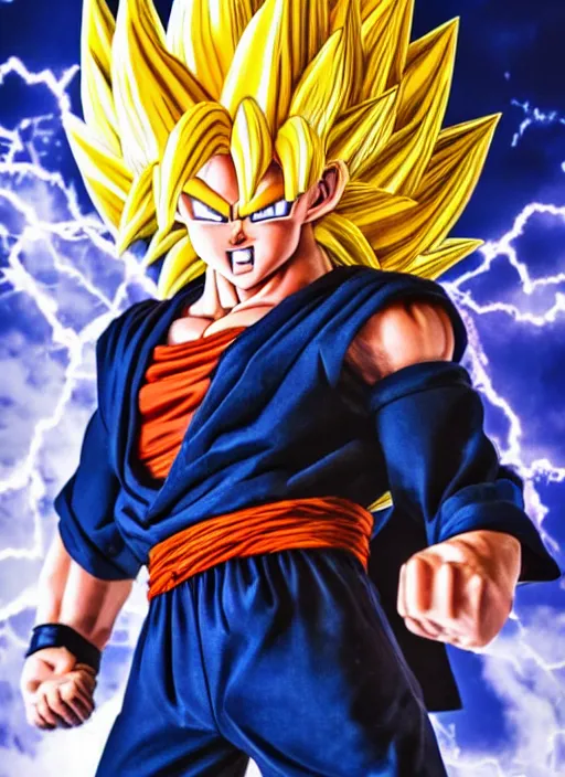 Image similar to a full portrait photo of super saiyan son goku, f / 2 2, 3 5 mm, 2 7 0 0 k, lighting, perfect faces, award winning photography.