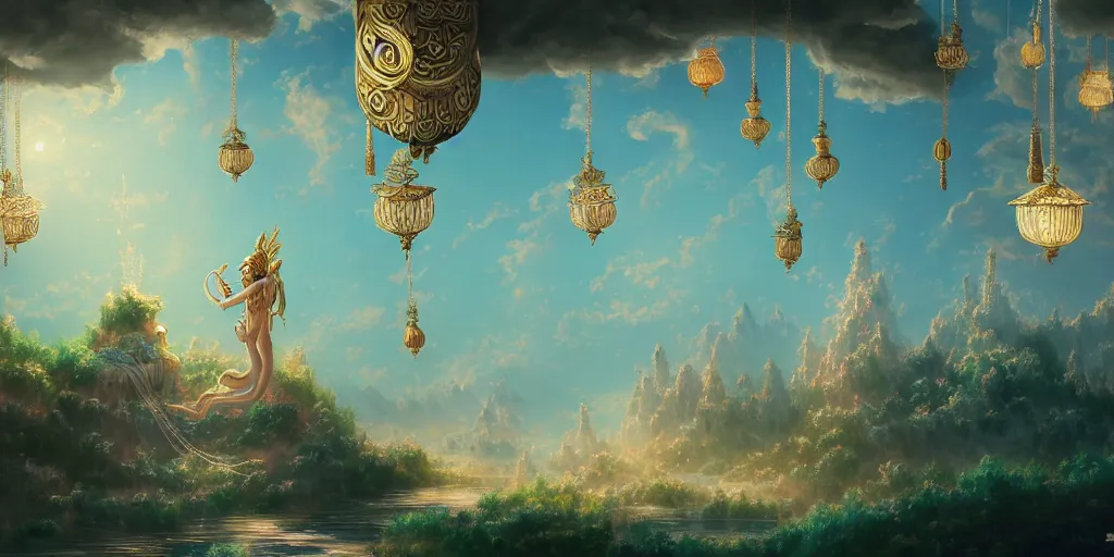 Image similar to painting of a god of wind enjoying his ornate heavenly palace, decorated with windchimes and paper lanterns, stunning nature in background, cinematic, 8 k, hyper detailed, digital art trending on artstation