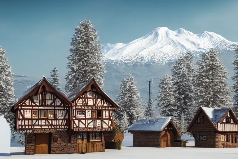 Image similar to futuristic half-timbered houses with in the forest with Elbrus mountain covered by snow on the background, architecture, 3d render 8k , high details