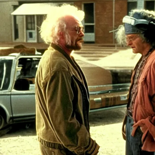 Image similar to still of walter white meeting dr. emmett brown scene, from back to the future ( 1 9 8 2 )