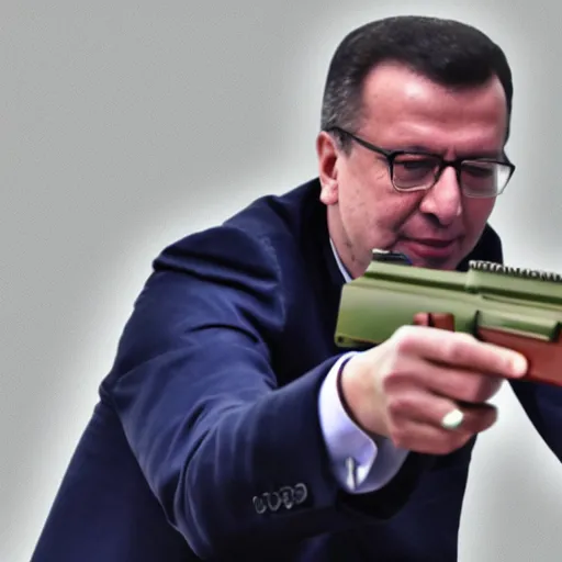 Prompt: image of aleksandar vucic using a gun