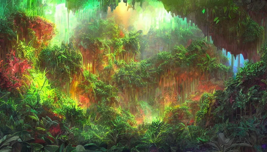 Image similar to concept art of underground jungle cave with luminescent plants, colorful, high detailed