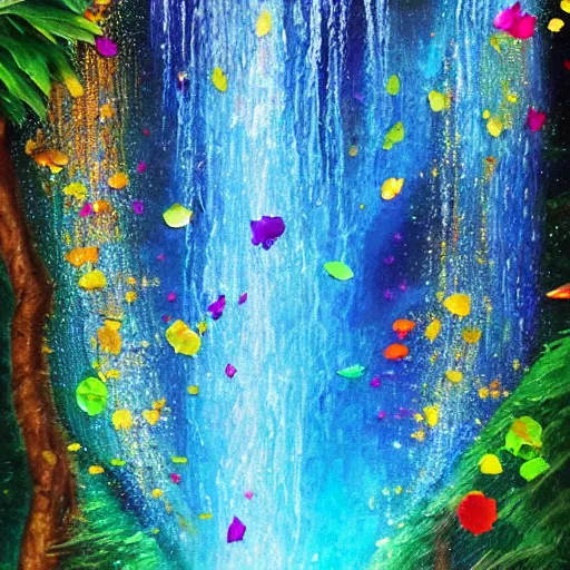 Image similar to waterfall with water full of broken mirror pieces and tiny colorful flower petals, bright saturated colors, scintillating lens flares and colorful sparks, trending on ArtStation, beautiful!!! stunning!!! waterfall, impressionistic oil on canvas