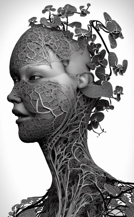 Image similar to a black and white 3D render of a beautiful profile face portrait of a female vegetal-dragon-cyborg, 150 mm, orchids, fine lace, Mandelbrot fractal, anatomical, flesh, facial muscles, wires, microchip, veins, arteries, full frame, microscopic, elegant, highly detailed, flesh ornate, elegant, high fashion, rim light, octane render in the style of H.R. Giger and Man Ray