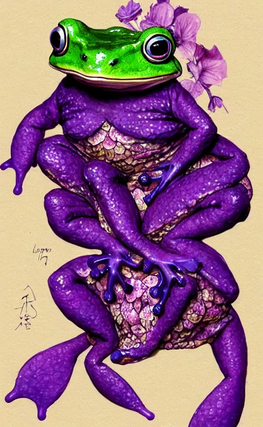 Image similar to cute purple female frog in enchanted rococo hanbok, full character, concept art, trending on artstation, in the style of alexander mcqueen, alexander jansson, jean - baptiste monge, george frederic watts