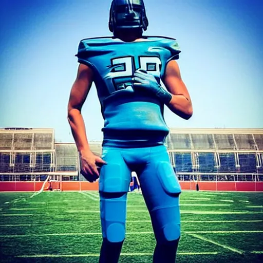 Image similar to “ a realistic detailed photo of a guy who is an attractive humanoid who is half robot and half humanoid, who is a male android, football player christian mccaffrey, shiny skin, posing like a statue, blank stare, on the field, on display ”