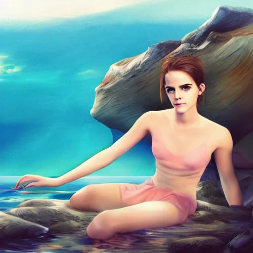 Image similar to emma watson mermaid sitting on a rock in the middle of the sea, trending on artstation, by 翼次方CG