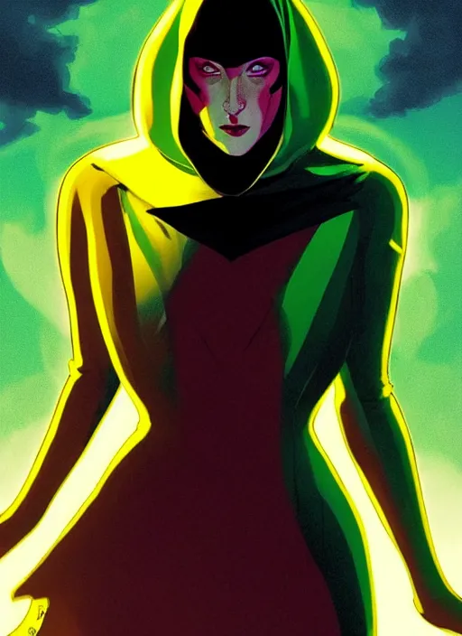 Prompt: Rafeal Albuquerque comic art, Joshua Middleton comic art, cinematics lighting, sunset colors, pretty Marion Cotillard comicbook villain, green dress with a black hood, yellow eyes, angry, symmetrical face, symmetrical eyes, full body, flying in the air, night time, red mood in background