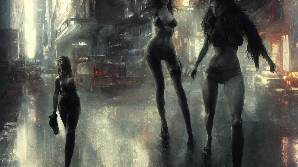 Image similar to bella thorne and megan fox, hyperrealistic full figure, bladerunner street, art of elysium by jeremy mann and frank frazetta, fantasy art, photo realistic, dynamic lighting, artstation, full figure poster, volumetric lighting, very detailed face, 4 k, award winning