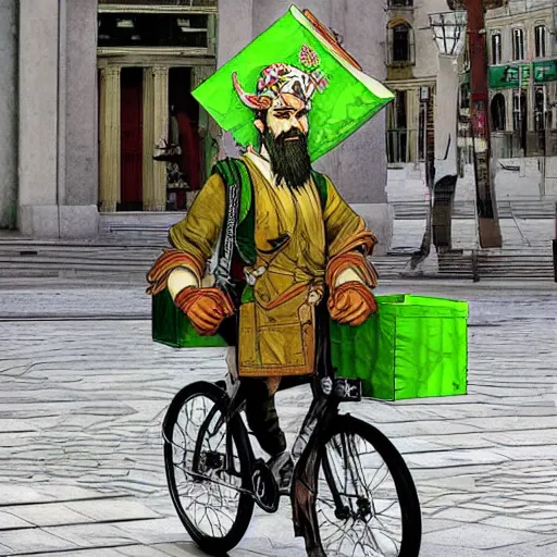 Image similar to a bearded and long haired bicycle food delivery worker with a green bag on his back in rossio lisbon, he has boots, epic fantasy style art by kim jung gi, fantasy epic digital art