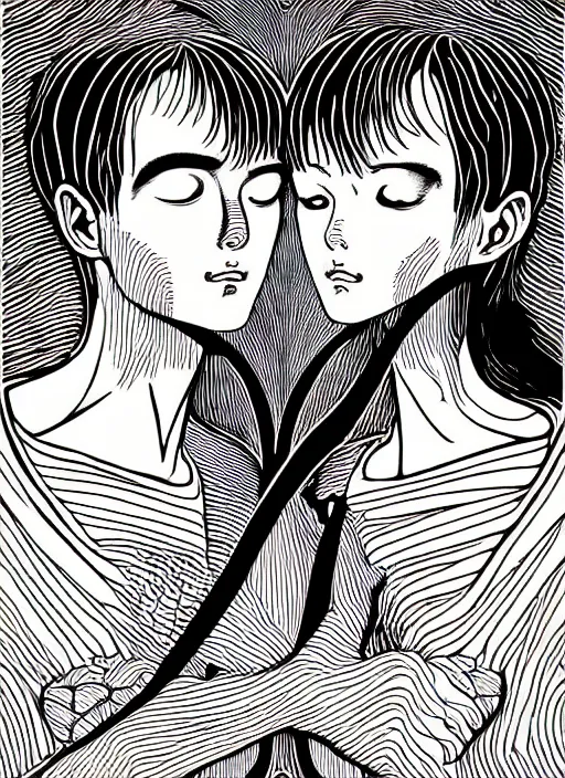 Image similar to 1 px color ink art by junji ito, perfectly centered symmetrical balanced male and female portrait of man and woman in love sharing one heart. high coherence ; fractal geometrical 8 k ultra hd