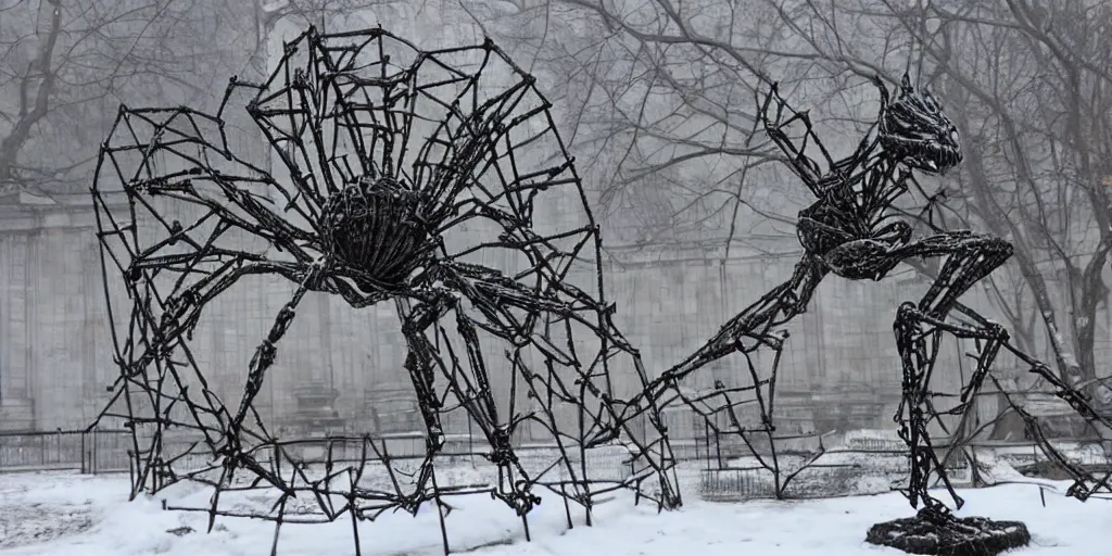 Prompt: a sculpture of a huge iron spider in the fence of the winter palace