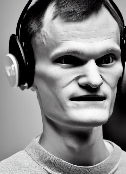 Image similar to perfect symmetric face, coherent eyes. vitalik buterin in headphones. vitalik buterin, close up, high detail, very sharp, 4 k