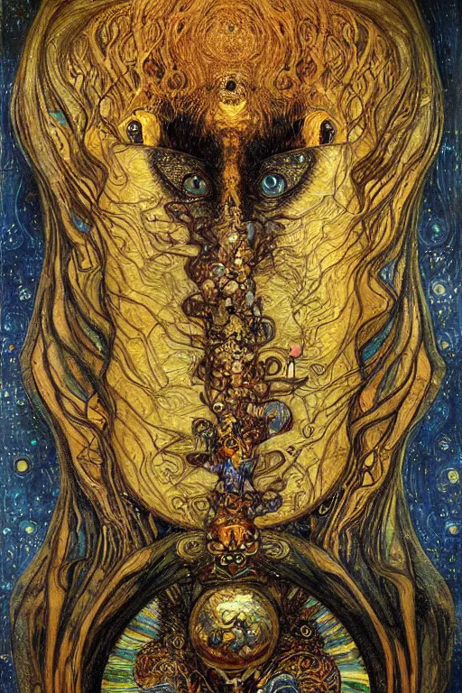 Prompt: Metamorphosis by Karol Bak, Jean Deville, Gustav Klimt, and Vincent Van Gogh, transformation portrait, chimera, visionary, cicada wings, otherworldly, fractal structures, ornate gilded medieval icon, third eye, hybrid, fusion, change, spirals, horizontal symmetry