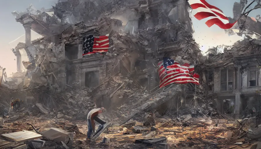 Prompt: destroyed washingon dc, man planting the torn dirty american flag on the ruins of a building, debris, hyperdetailed, artstation, cgsociety, 8 k