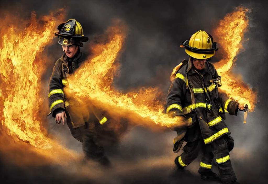 Image similar to one heroic firefighter in action in black and yellow uniform, fire flames, sharp details, highly detailed, beautiful cinematic light deep focus, elegant, digital painting, smooth, sharp focus, golden ratio, dramatic illumination, ultra realistic, 8 k, illustration, by yerbol bulentayev and murat gul and pablo olivera and greg rutkowski, bloom, dramatic lighting